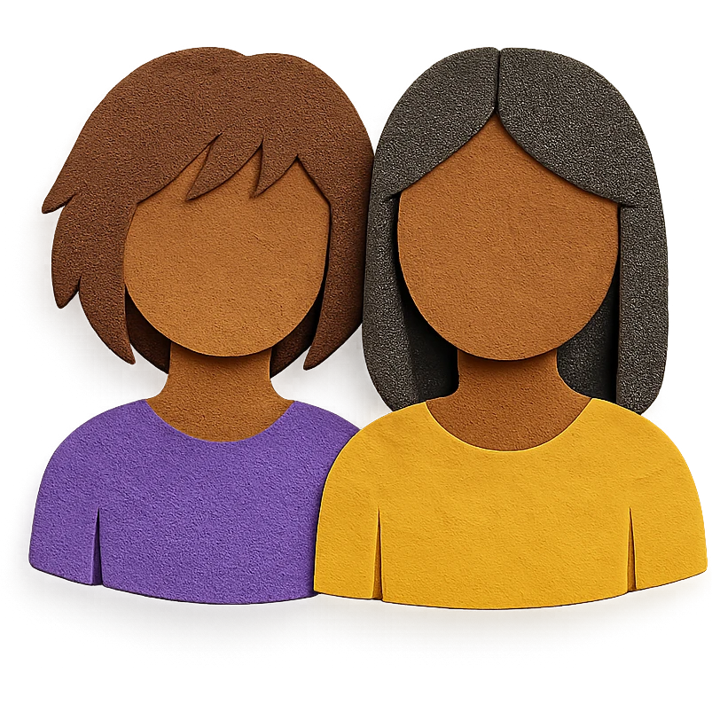 dos chicas, una con pelo corto desmechado en capas hasta la barbilla, castaña, piel morena; la otra con pelo lacio hasta el hombro, castaña, piel morena, estilo paper-craft emoji