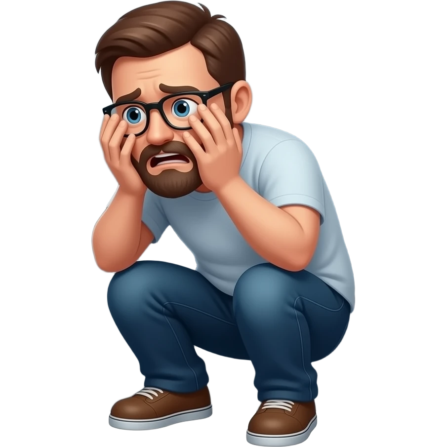 Frightened man with glasses and a beard crouching in a corner covering his face in fear emoji