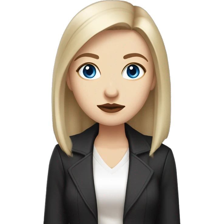 Slavic woman with blue eyes, fair skin, straight gradient from brown to blonde medium bob hair, goth eyes makeup, beige lips, dressed in white T-shirt and office black jacket. emoji