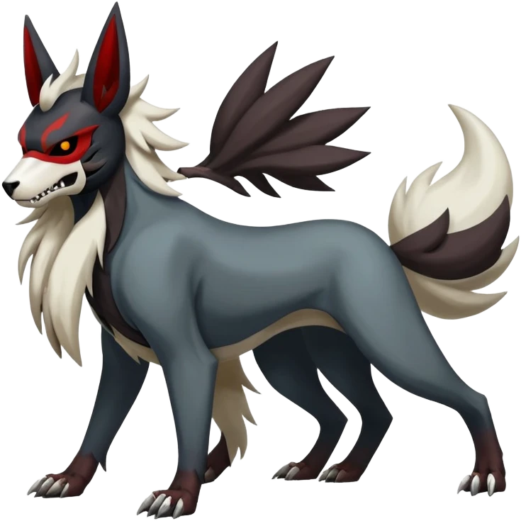 Shiny Exotic Excessive Mysterious Houndoom-Mightyena-Zorua-Zoroark-Zangoose-Houndour-Pokémon-Fakémon-hybrid-creature (full body) with a dog-skull-mask emoji