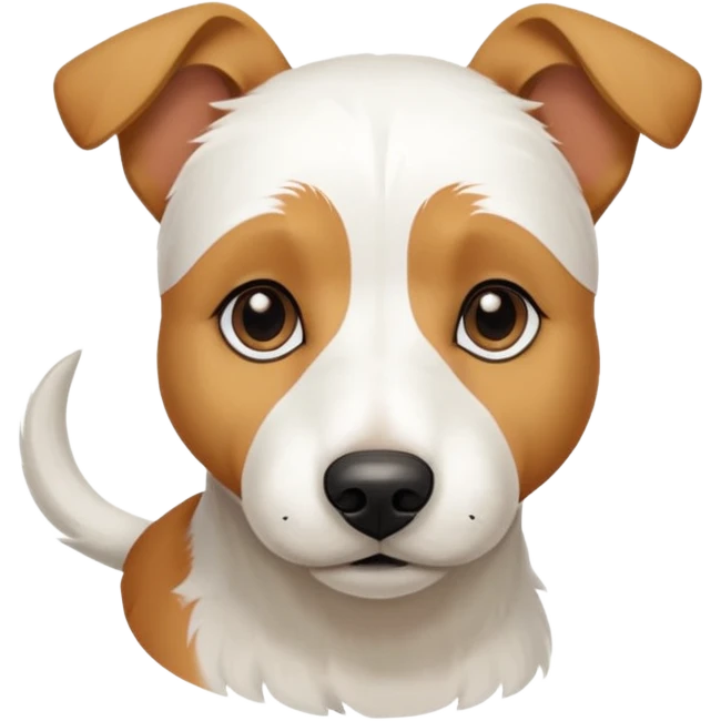 a full body facing front on of a buff white parson russell terrier looking dog the size of a kelpie with light brown long ears resting on its face and a light brown patch on one eye and a large snout. the rest of the dog is completely white.  emoji