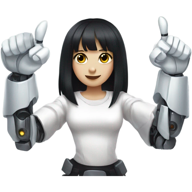 robot, robot girl, 1girl, dark hair, long black hair, bangs, black eyes, blunt black bangs, white shirt, hime cut, thumbs up emoji