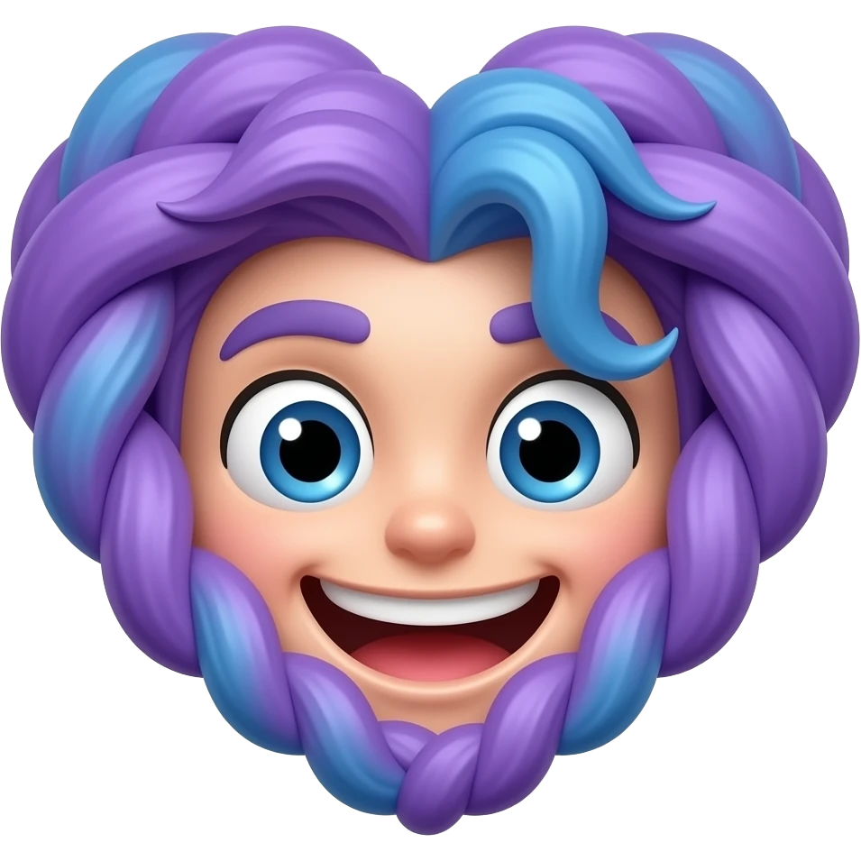 3D emoji icon of the character from image_0.png, extreme close-up of face. Manic smile, wide eyes, purple hair, blue curl. Hair is coiled tightly around the face into a compact heart shape, functioning as the icon boundary. Pure white background, high-resolution. emoji