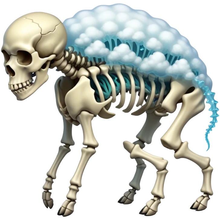 A hunched quadruped with translucent skin revealing a skeleton made of crystallized toxins, its spine adorned with pulsating sacs that leak venomous vapor forming skull-shaped clouds as it moves.

 emoji