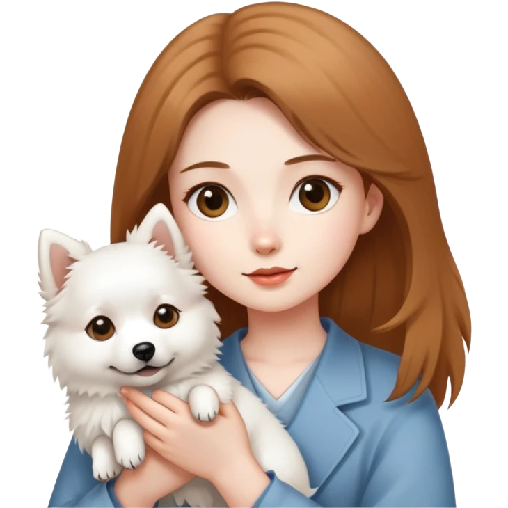light brown hair girl with pale skin holding a Japanese spitz dog emoji