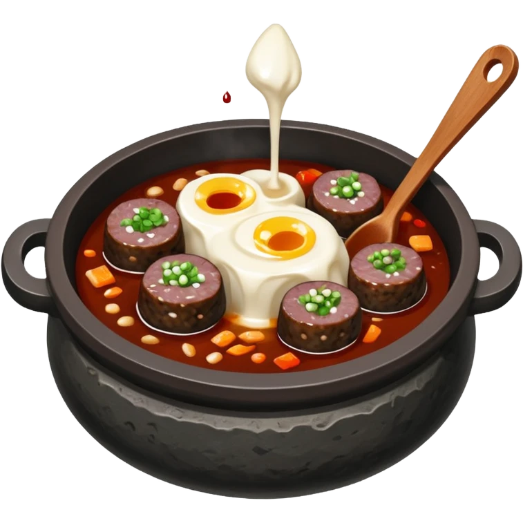 bubbling bowl of Korean sundae gukbap with soup and pieces of blood sausage visible in hot stone pot emoji