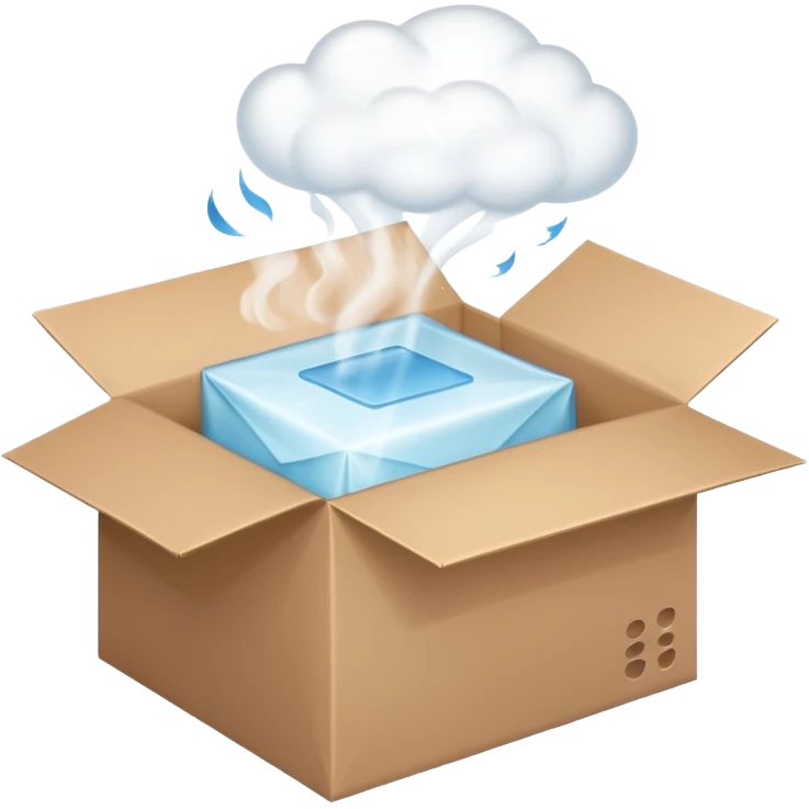 Generate a realistic emoji-style icon of the an open package which is empty and air is coming out of it. Out of the package steam or air is coming out of it  emoji