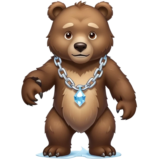 Fierce brown bear walking on four paws with an ice chain necklace, frozen chain links made of crystal clear ice, serious face emoji