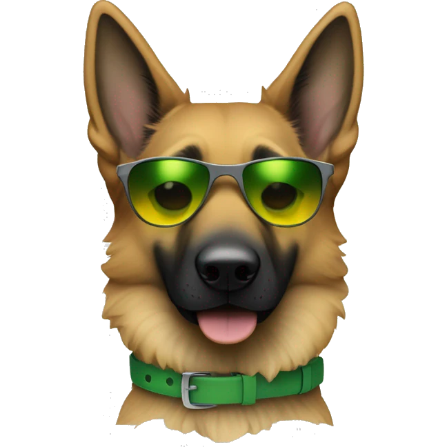 Slim weak german shepherd with green-yellow belt and black sunglasses and hair colour gray-brown  emoji