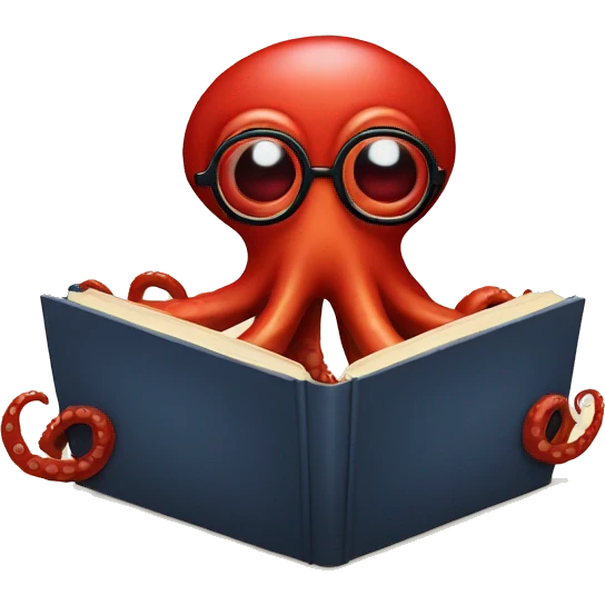 red octopus with glasses, hiding behind a book.  emoji