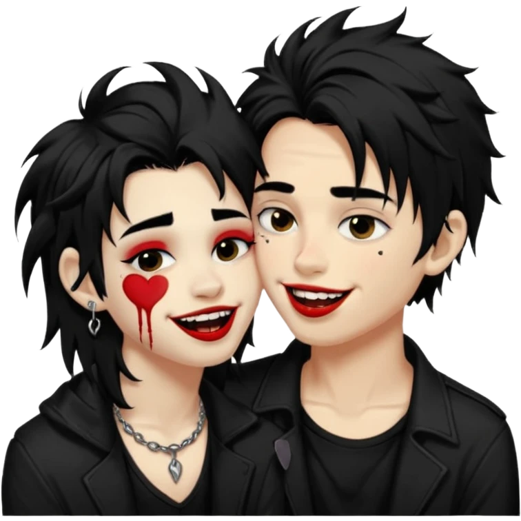 Laughing pale Goth boy with a bunch of face piercings, with shaggy dark brown hair, and messy black eyeliner , smudged, red, lipstick , kissing tan boy with long black hair  emoji