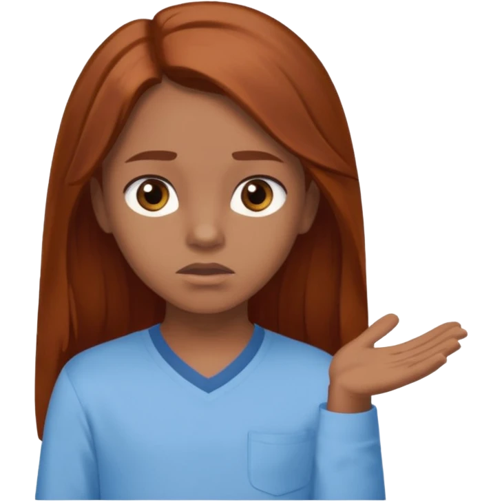 shrugging emoji brown eyed tween long auburn hair light blue shirt with a darker blue L emoji