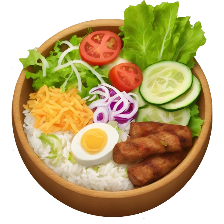 a wood bowl with rice in the middle, kebab, and salad emoji