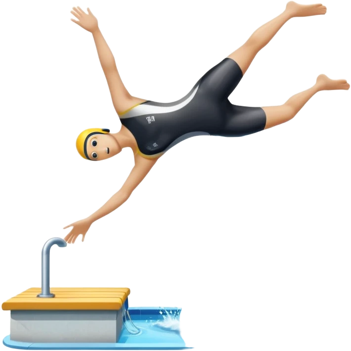 An icon showing a diver captured mid-air in a graceful pose above a pool, with a diving board behind and water below. Splash trails and motion lines emphasize precision and elegance. Transparent background highlights the beauty and focus of competitive diving. emoji