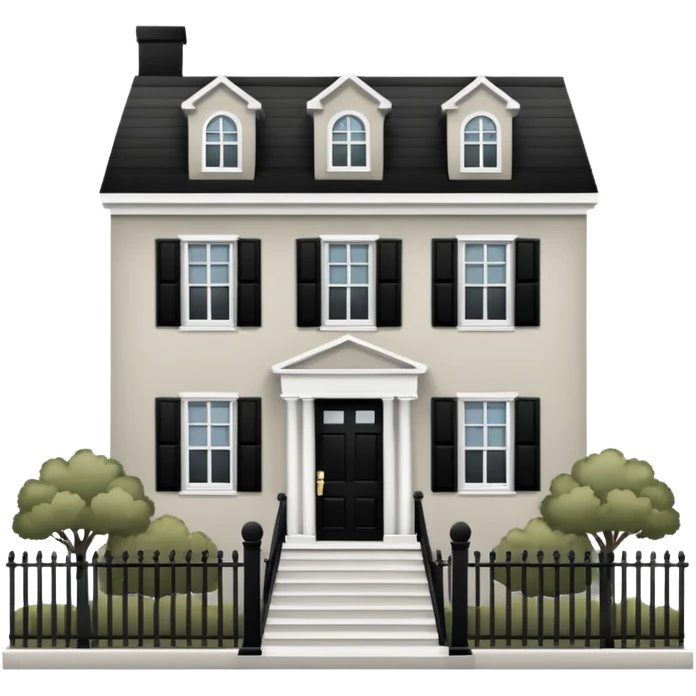 greige colonial house with black shutters and black front door and black railings. emoji