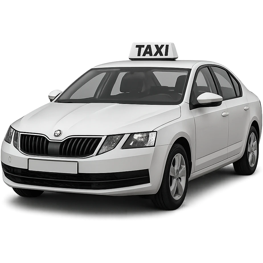 A taxi car with a visible 'TAXI' sign on top, no yellow color, car in neutral color such as white, gray, or black, clear and readable taxi sign emoji