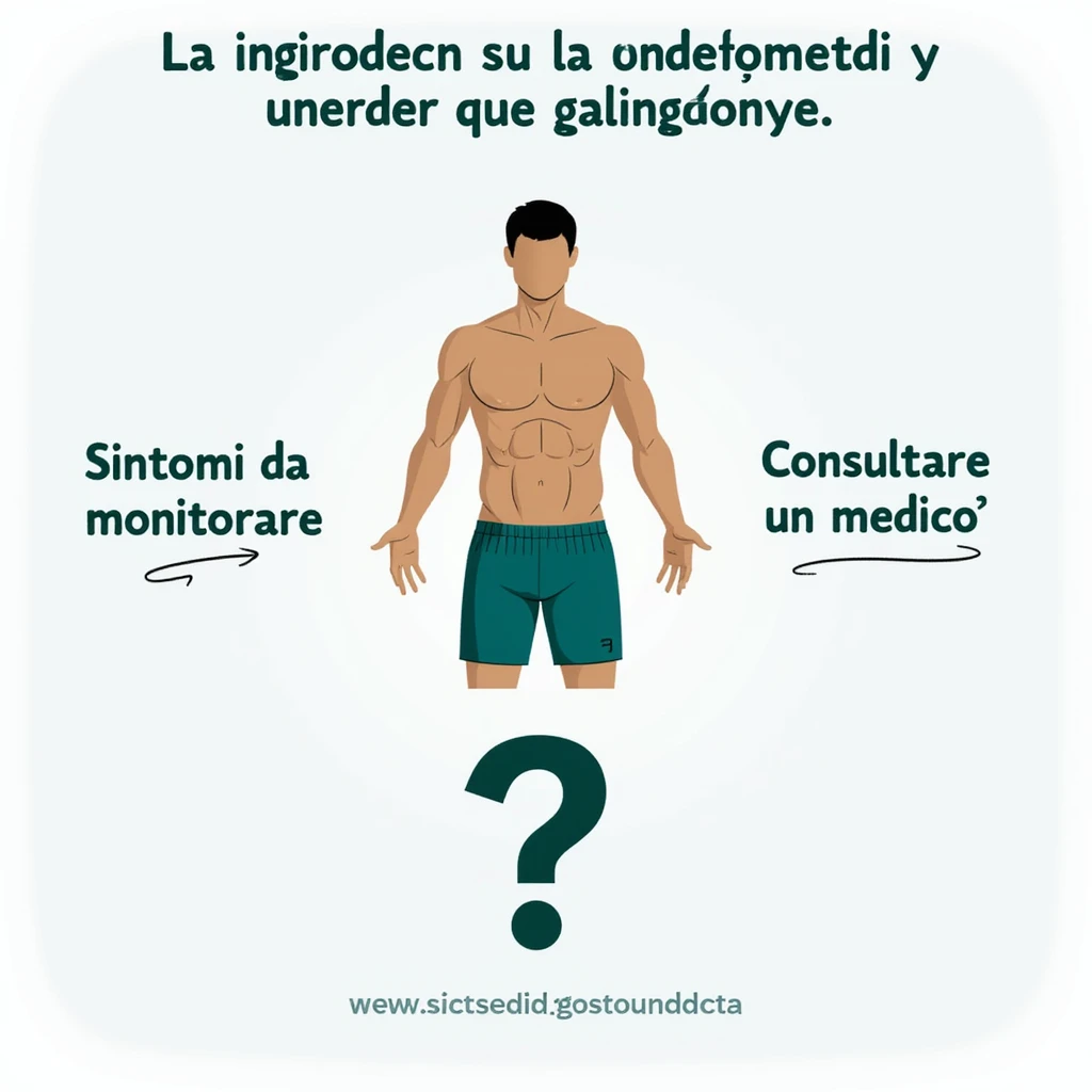 realistic infographic in Italian: athlete with question mark symbol in lower area, captions 'Sintomi da monitorare' and 'Consultare un medico', educational style, white background emoji