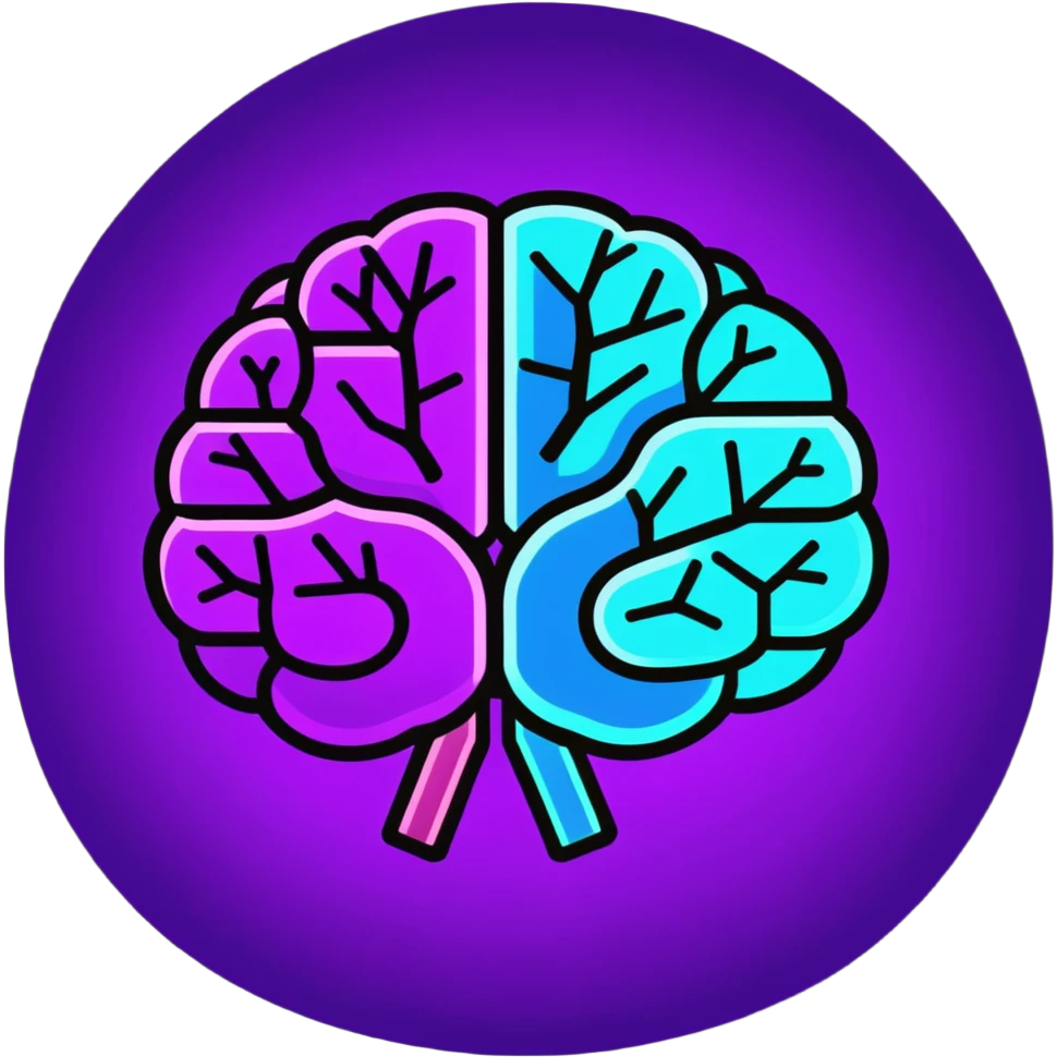 brain with neon glow effect, blue neon glow on top left, purple neon glow on bottom right emoji