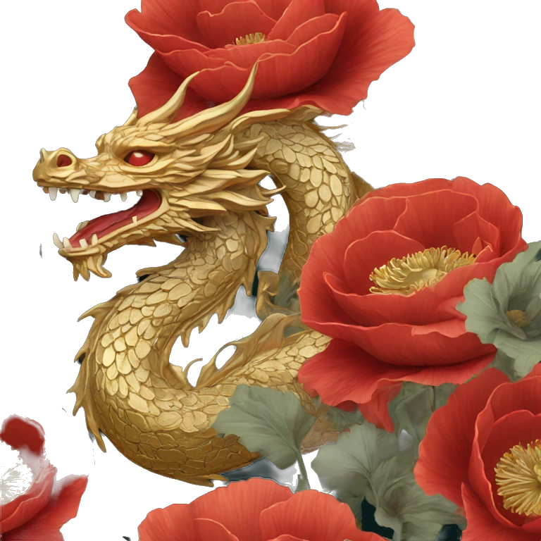 Intricate floral flower red and black and gold and jade dragon face with flowers poppies roses detailed emoji