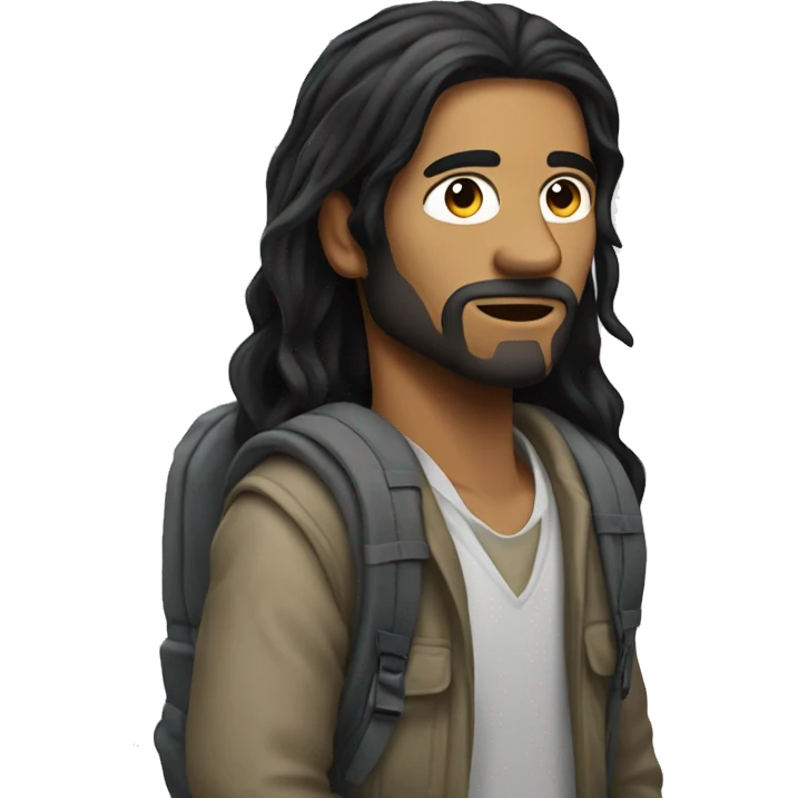 Homeless man with long straight black hair wearing backpack emoji