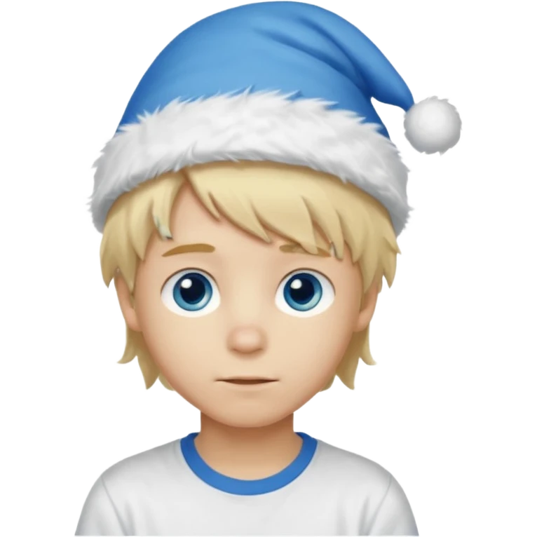 create boy blonde hair long messy, light eyes, white t shirt, rich, long hair, eyes blue, acessory head cristimas blue hat, fluffy hair medium long emoji