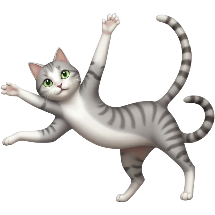 grey and white cat with green eyes doing a big extremely long stretch reaching up into the air with arms and legs side by side together straight and overextended whilst lying on its side emoji