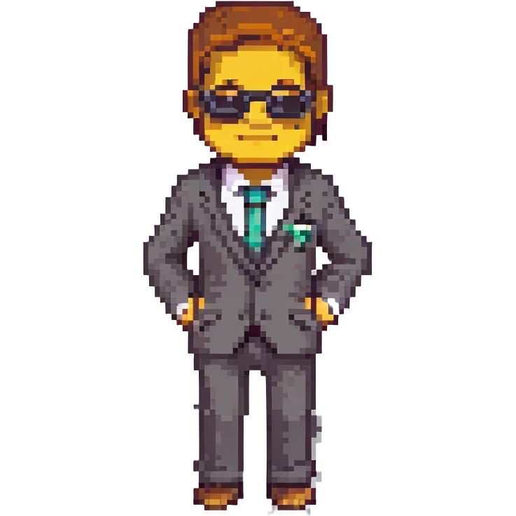 Edit the Minecraft character in the suit and sunglasses to have a big happy grin, keeping the pixel art style and pose the same. emoji