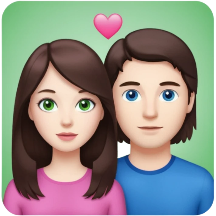 pink polaroid photo of a couple thats white with long brunette hair blue eyes and a white guy with short brunette hair and green eyes emoji