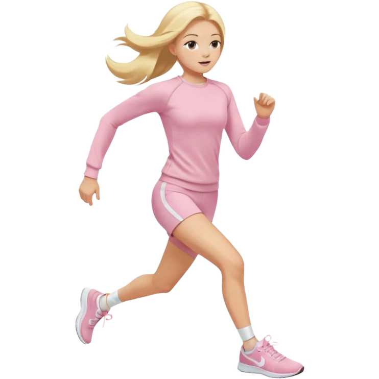 A girl in light pink tight-fitting sportswear, a long-sleeved fitted sweatshirt and shorts is running, her hair is long, blonde, and straight, wearing white sneakers. emoji