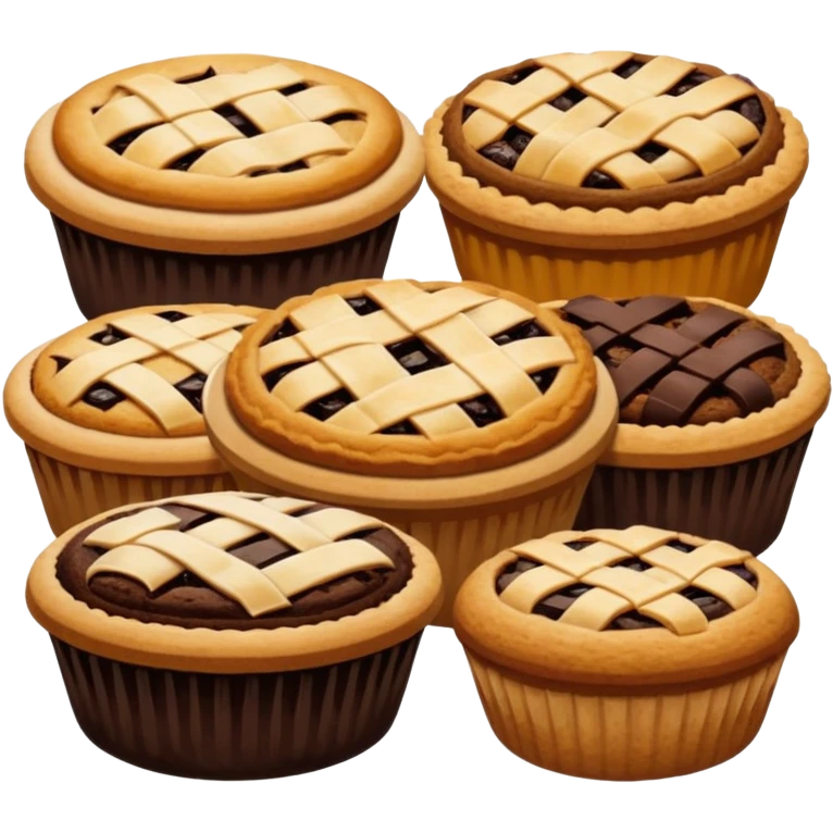 Baking community avatar in clean emoji-style illustration. Pies, cookies, and muffins grouped together, warm golden tones, simple shapes, flat design, high contrast, cozy and friendly. emoji