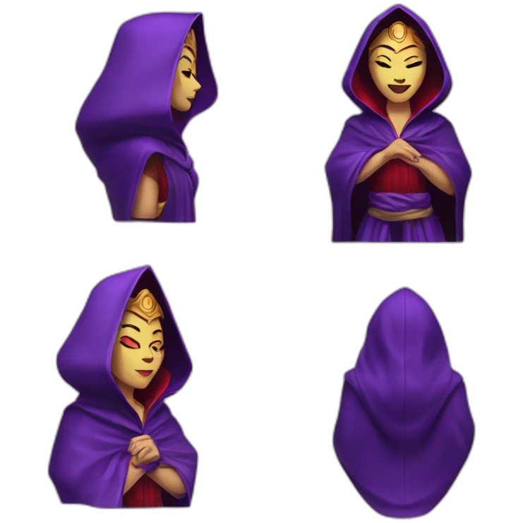 Empress, purple hodded robe, hood covering eyes , red lips, wicked grin emoji