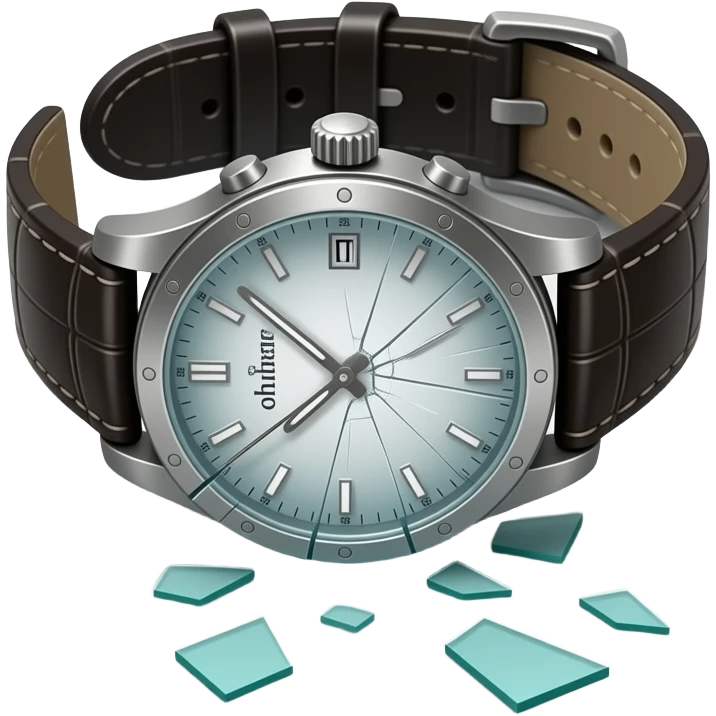 A wristwatch fallen on the ground with its glass cracked and slightly shattered. The strap is twisted, small glass fragments scattered nearby. Subtle scratches on the surface, suggesting impact. Soft dramatic lighting, no people, clean floor background, realistic and detailed. emoji
