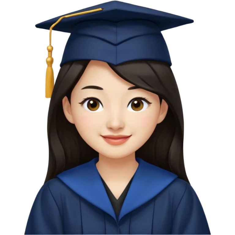 带着学士帽的，深棕色长发，黄种偏白皮肤的，高鼻梁，不戴眼镜的女博士生，在单只眼眨眼并开朗的笑，年龄26岁，学士服全身深蓝色短绒质地，但是黑领子， emoji