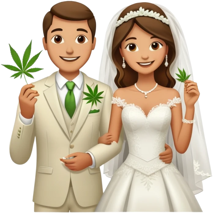 Newlywed couple, bride and groom, full body, sharing a cannabis joint at wedding emoji