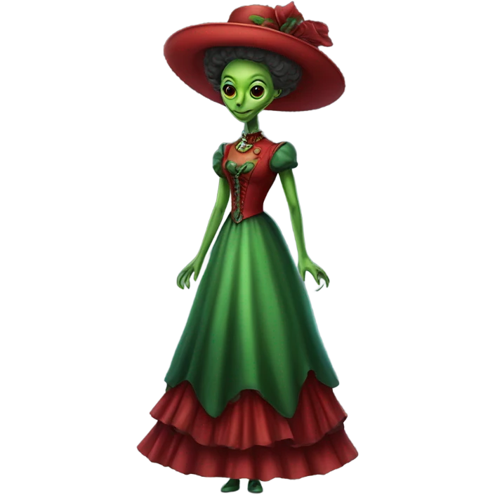 "green alien woman" galora in red Victorian dress elegant, full body emoji
