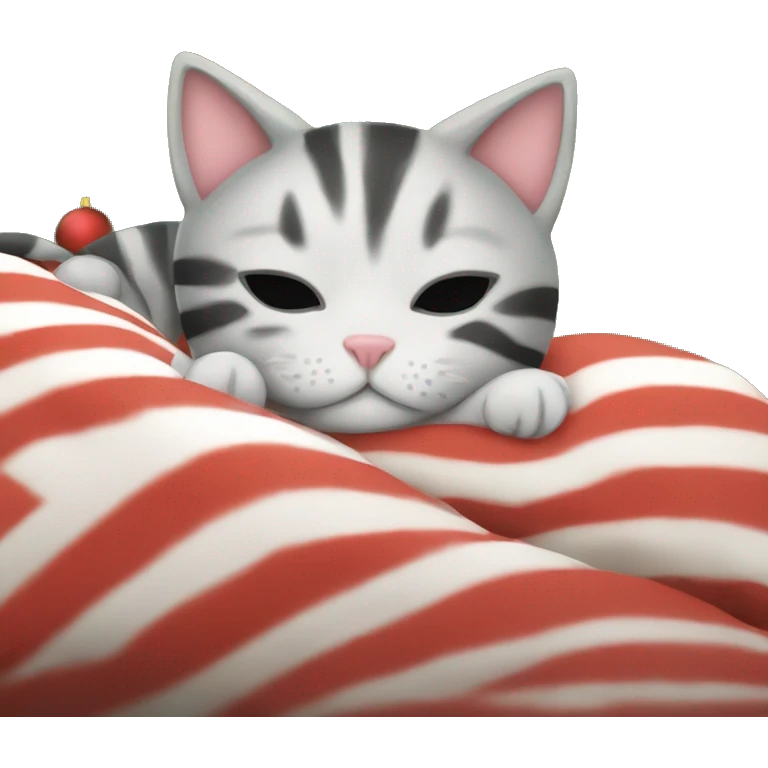 striped kitten sleeping in bed next to christmas tree emoji