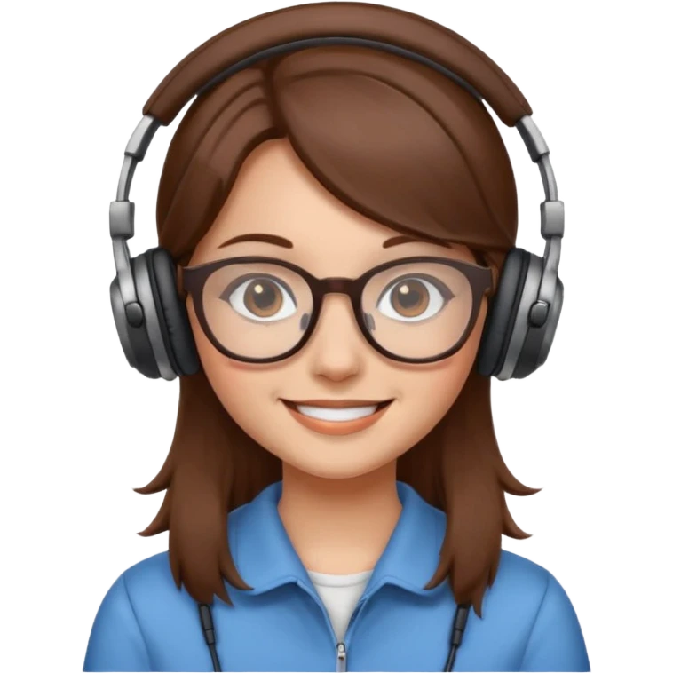A girl with brown hair wearing glasses and headphones is smiling  emoji