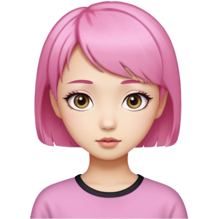 An Asian girl with pink short hair, big eyes, thick eyebrows, and long eyelashes;  emoji