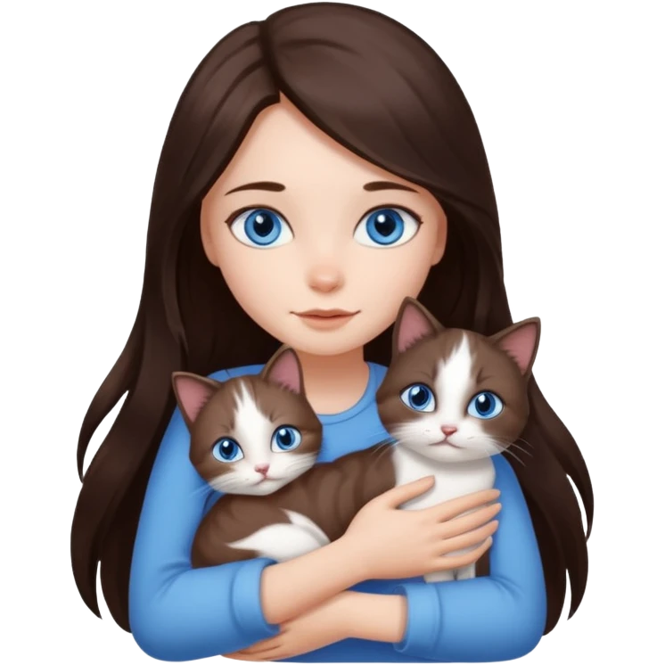 a pretty girl with long dark 
brown hair, with blue eyes, hugs 3 different natural coloured small cats emoji