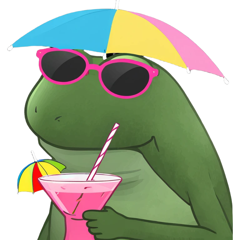 bufo frog with a rainbow umbrella hat, wearing round sunglasses, holding a pink cocktail emoji