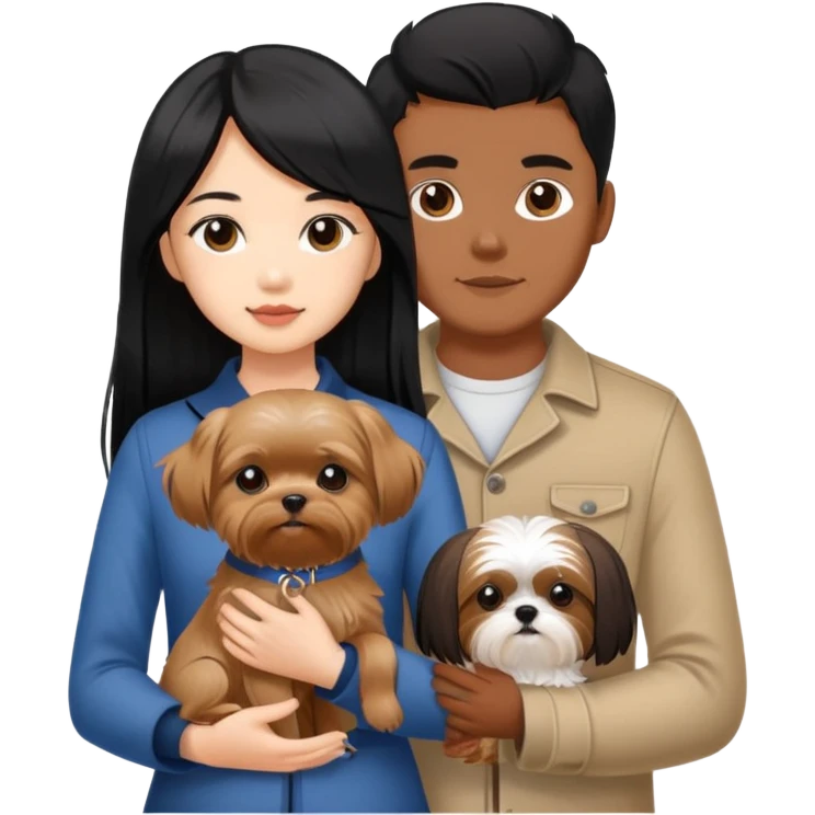 A beautiful Asian girl with long black hair is holding a small Yorkshire Terrier. She is standing next to her brown skinned boyfriend, who is holding a Shih Tzu. They are each holding one dog each emoji