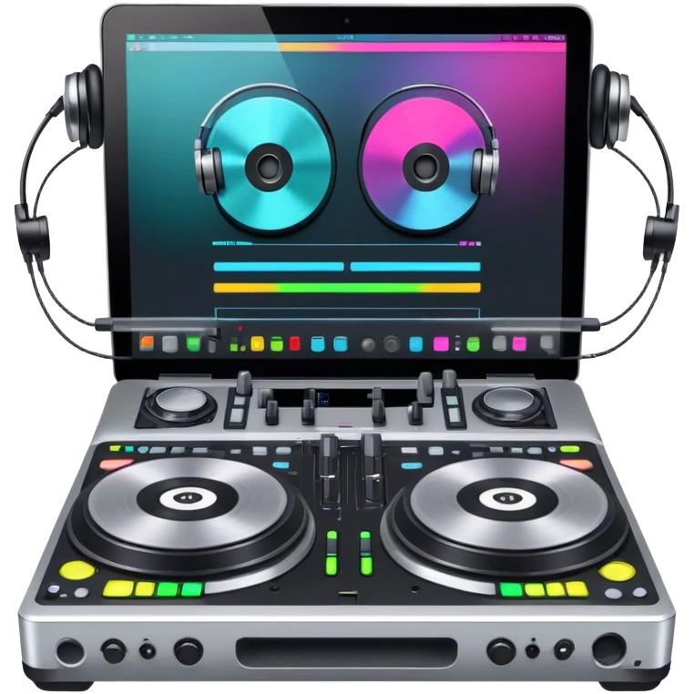 Create a professional and technical emoji that represents remixing music. The design should feature a high-end DJ controller, turntables with vinyl records, and a sound mixing console with faders to symbolize the technical aspects of remixing. Include elements like studio headphones and a laptop or digital audio workstation (DAW) screen to reflect the tools used in music production. Use colors like black, silver, and neon accents to convey the professional, high-tech nature of remixing. The background should be transparent. emoji