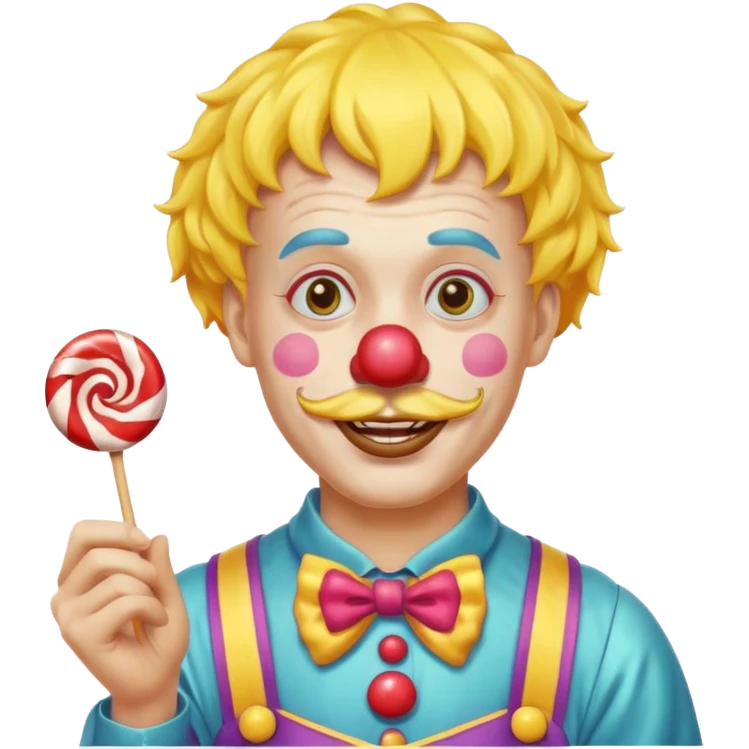Funny clown — yellow wig, mustache, candy in hand emoji