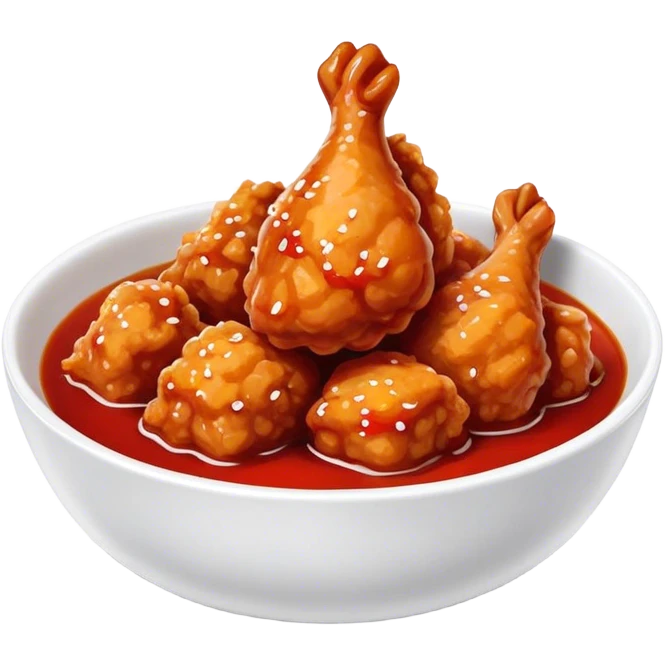 Korean Fried Chicken Cinematic Realistic Korean Fried Chicken Dish Emoji, depicted as bite-sized chicken chunks generously coated in a glossy, spicy sauce, in a bowl. emoji