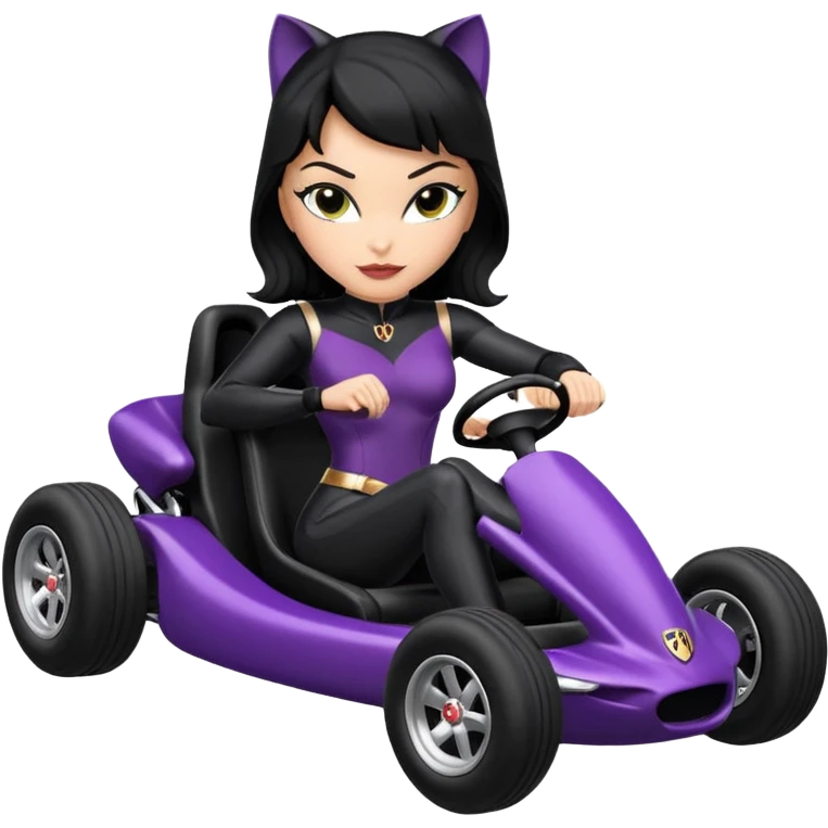 full size real-appearance road glowing racing sexy buxom CatWoman’s feminine midnight-colored tight outfit sixty’s tv show dark stealthy accurate sporty safe plush deluxe off-road pursuit drifting car jaguar (black hair,reclined and relaxed torso and shoulders back seating position) cross kart  emoji