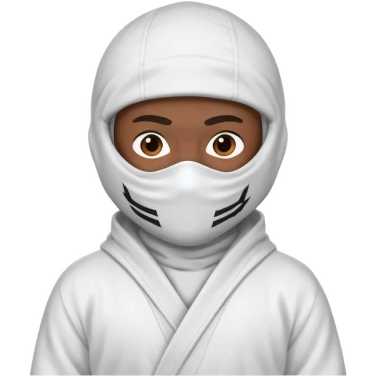 All white ninja robe with no black with white ski mask to cover face and neck with a hoodie on and dark brown skin color emoji