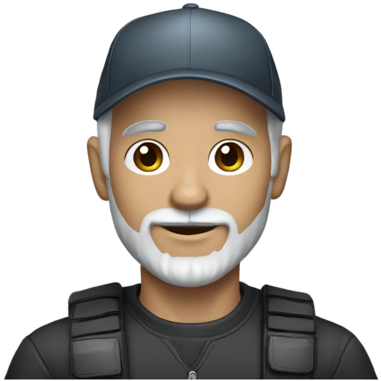 blue eyed man, with grey hair,  grey goatee, wearing ball cap, holding ‘all black long hair chihuahua’ emoji