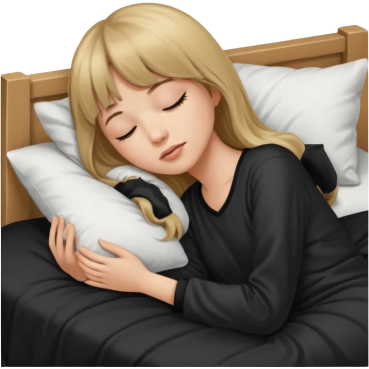 Young woman with long dark blond hair all around her, and a bang, sleeping in bed  with black pyjama  emoji