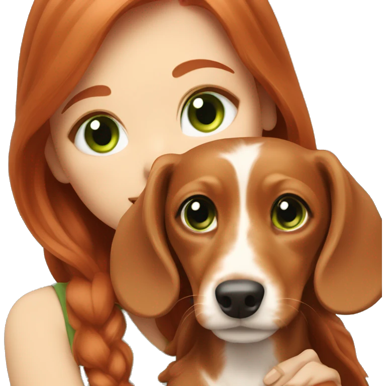 red head women green eyes with her light cream longhair puppy dachshund emoji