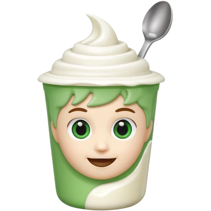 A 3D cartoon yogurt cup with a spoon, creamy white top, Memoji-style rendering. emoji